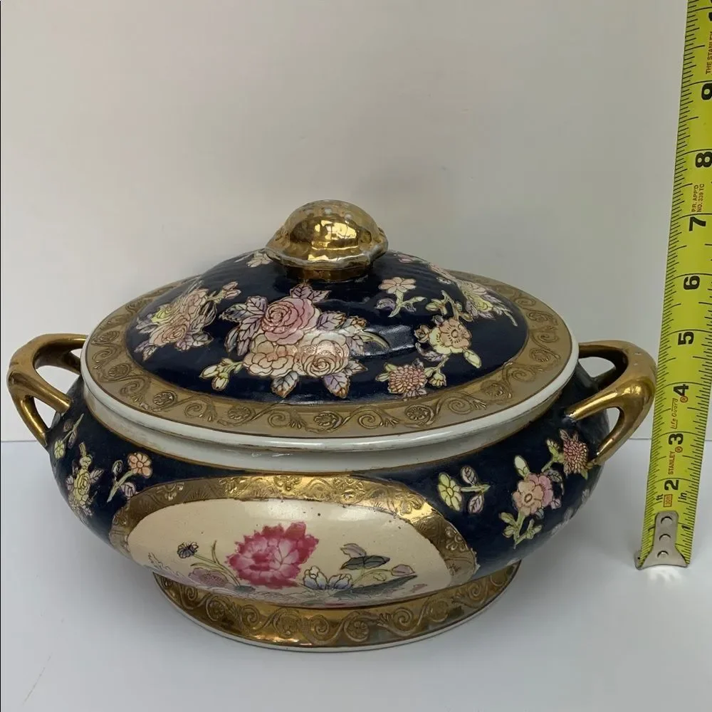 Antique Hand-Painted Porcelain Tureen Chinoiserie Satsuma style Blue Gold Gilt